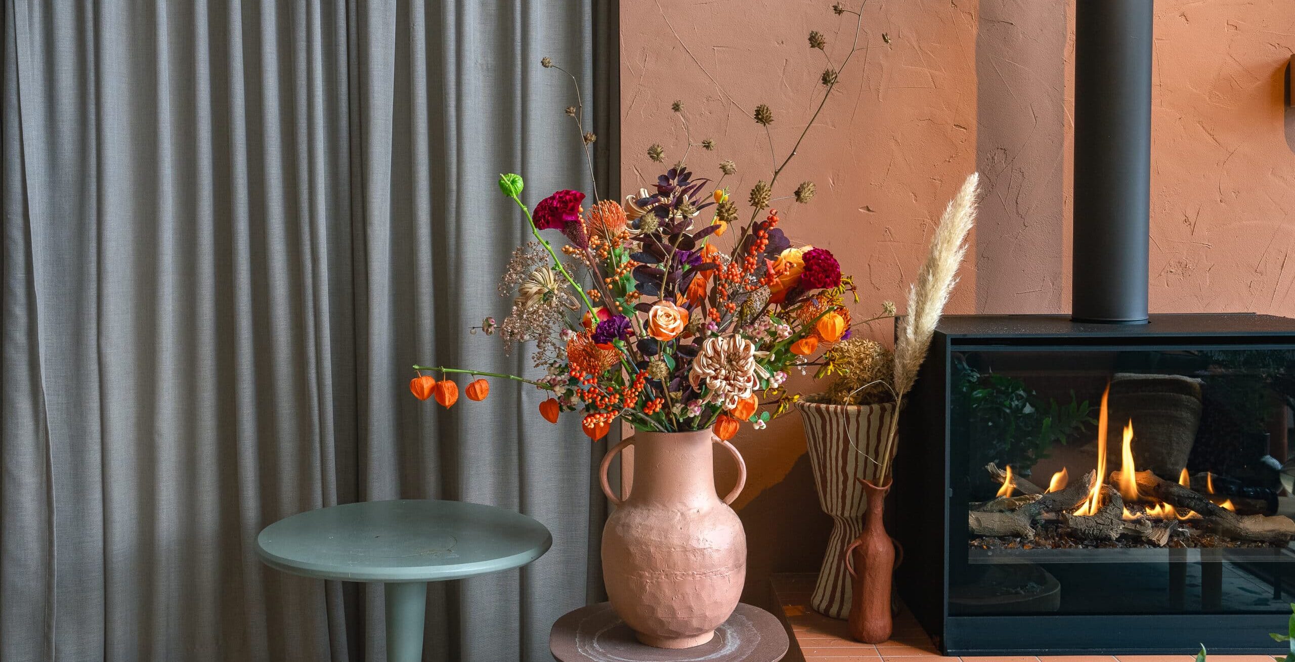 Trendy autumn bouquet with exclusive flowers and warm autumn colors