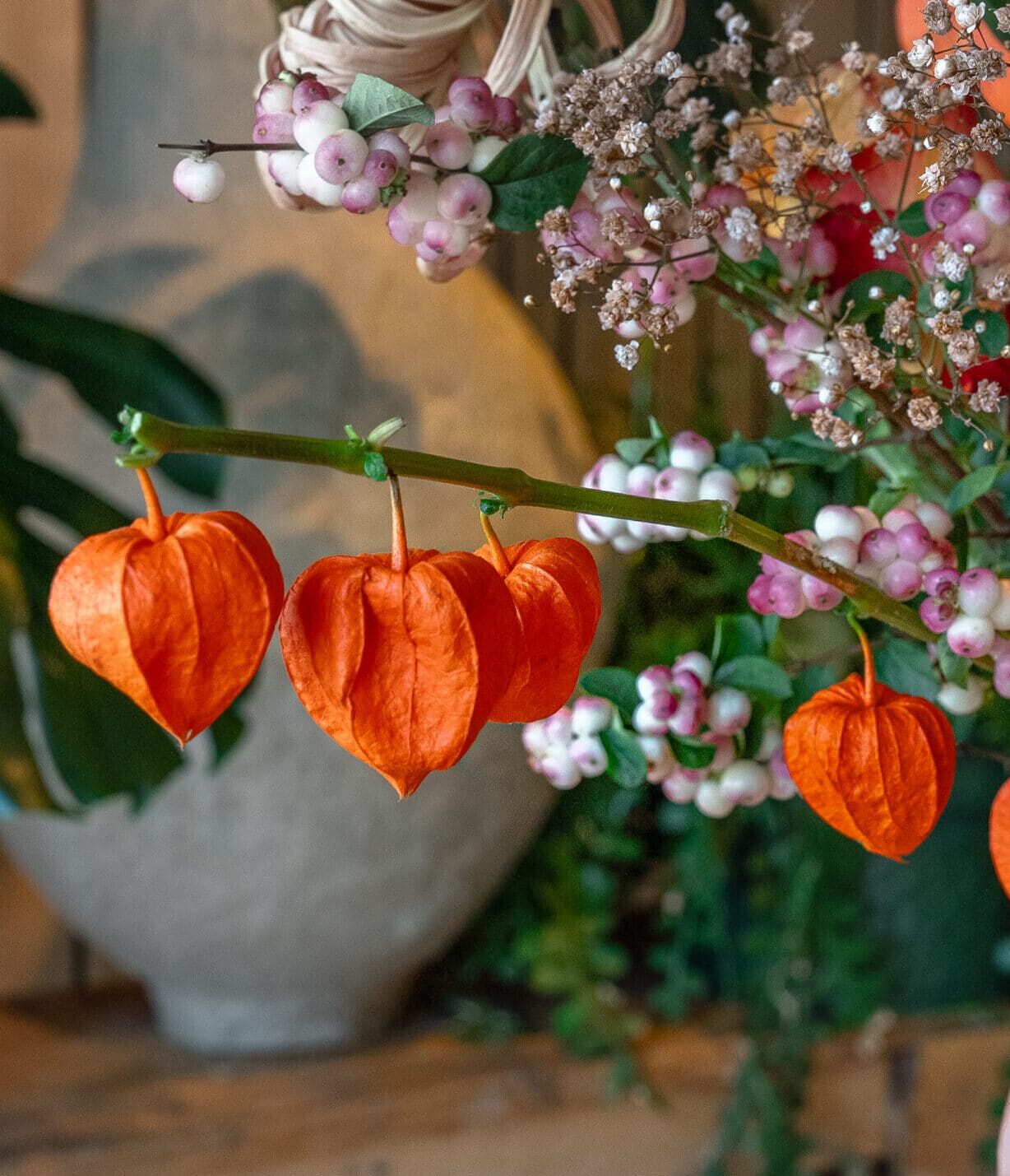 Physalis Lampionzweig als auffällige Ergänzung eines Herbstarrangements